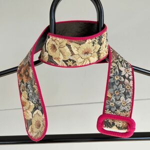 Vintage 80s/90s Floral Tapestry Belt with Pink Trim and Covered Buckle